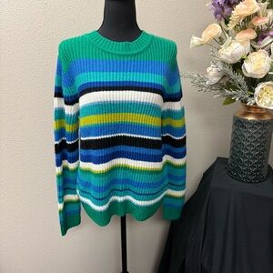 NWT Tyler Böe Green Blue Stripe Rib Knit Crewneck Sweater M | Cozy Fall Winter
